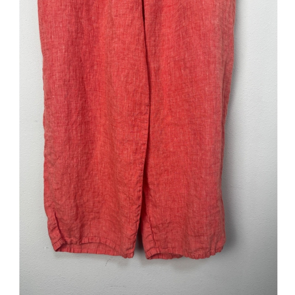 FLAX 100% Linen Wide Leg Pants Coral Orange Elastic Waist Pockets Size L - Picture 3 of 11